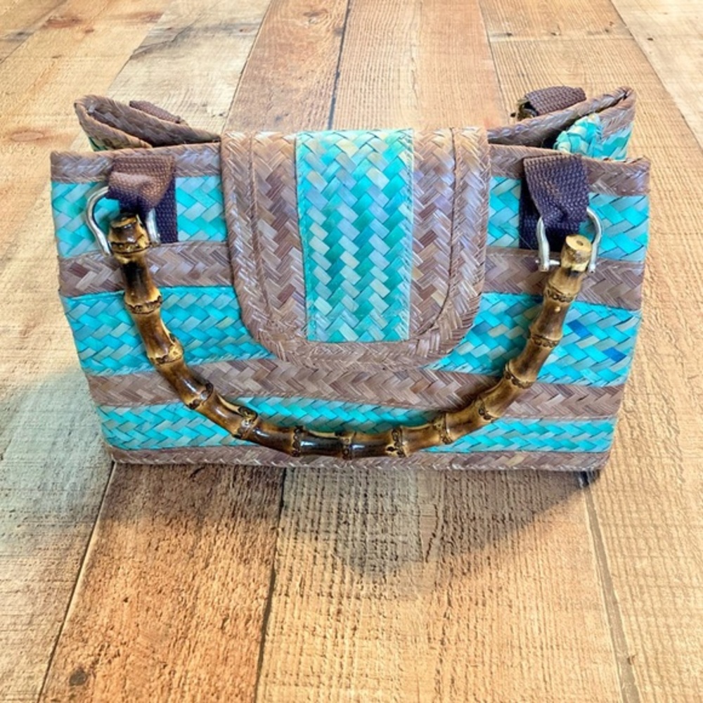 Vintage Woven Straw Handbag Turquoise‎ Brown Bamboo Handle Sea Turtle Lining